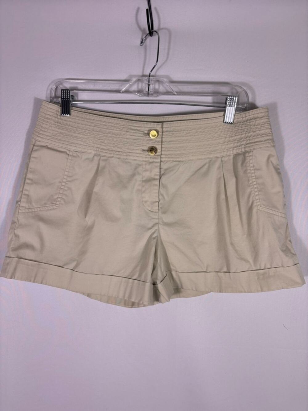 Tory Burch Beige Smocked-Waist Safari Bermuda Shorts Gold Buttons Size 10 0598